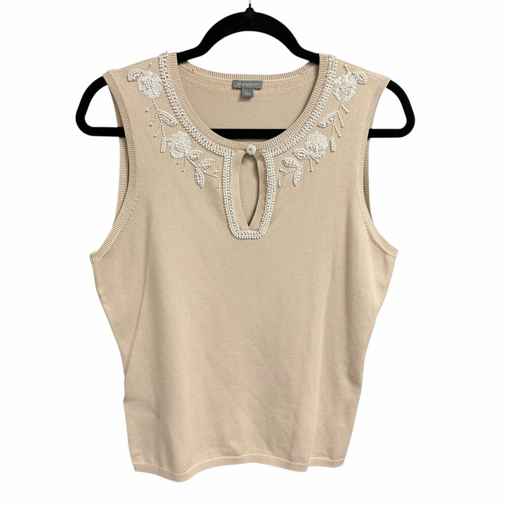 Vintage Ann Taylor Silk Blend Knit Beaded Keyhole Cutout Tank Cream White Large